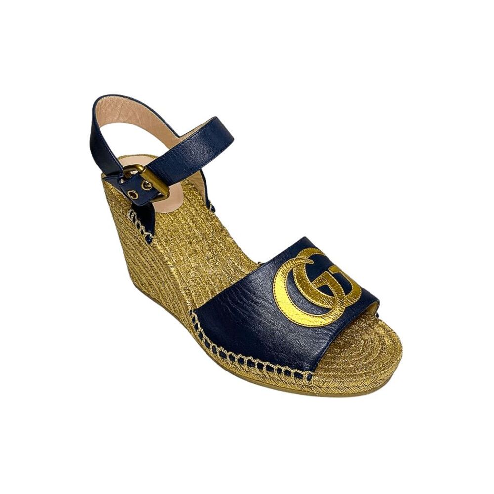 Gucci Flor GG Espadrille Wedge Heel Sandals Navy Blue Gold EU 39 Platform Logo